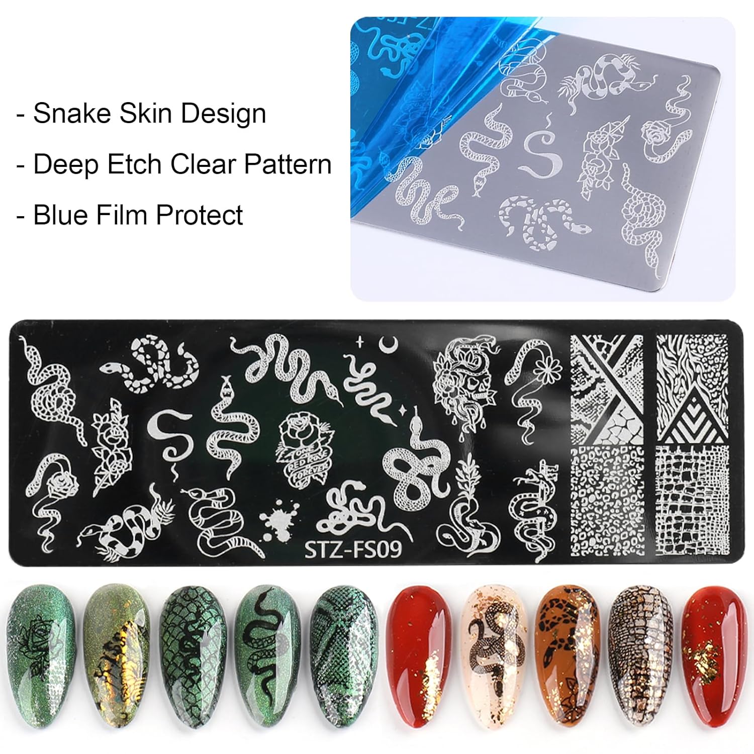 4pcs Snake Leopard Print Nail Stamping Plate Stencil with French Tip Nail Stamper Kit Reusable Salon Nail Set DIY Manicure Supplies Nail Art Tools-Velvo Beauty