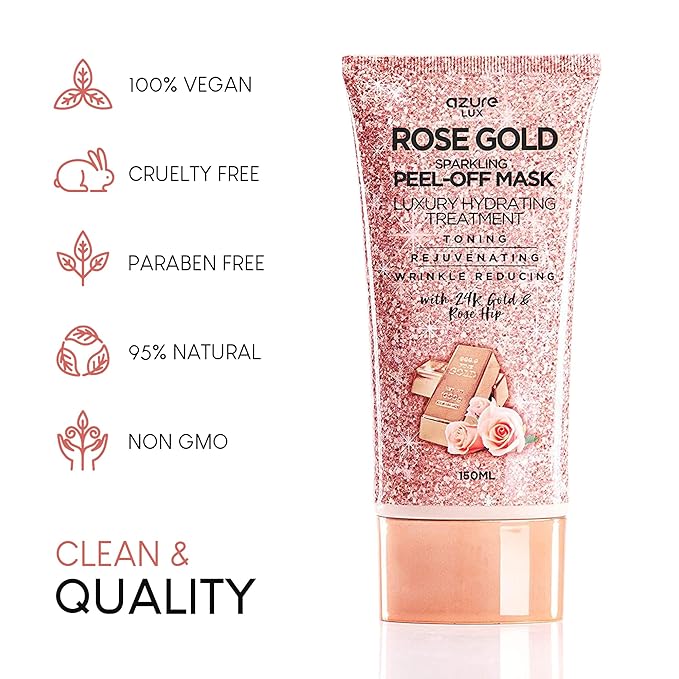 Azure Cosmetics Rose Gold Sparkling Peel-Off Face Mask – Luxury Hydrating & Firming Skincare with 24K Gold & Rose Hip Oil – Helps Reduce Fine Lines, Tone Skin & Improve Texture – 150 ml-Velvo Beauty