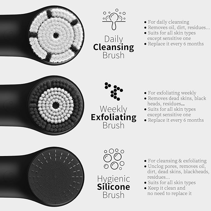 Premium Face Scrubber, Deep Pore Cleansing Brush, Waterproof & Rechargeable Face Scrub Brush for Men& Women, Electric Facial Exfoliator with 3 brushes, 3 Intensities, 2 Modes with Eye Rollor- Charcoal-Velvo Beauty
