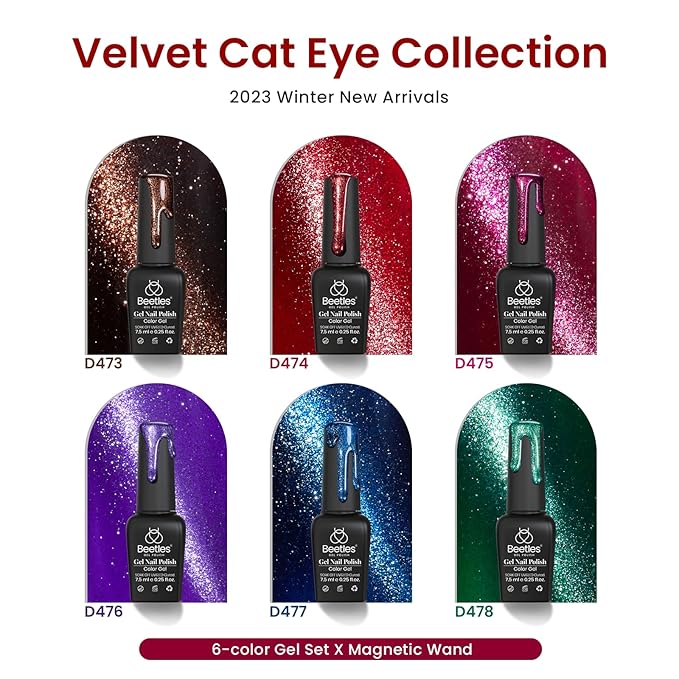 Beetles Cat Eye Gel Nail Polish Set, 6 Colors Glitter Red Pink Shiny Brown Burgundy Purple Blue Green Magnetic Effect Sparkle Stunning Nail Gel Polish Kit Soak Off UV Manicure Gifts for Women-Velvo Beauty
