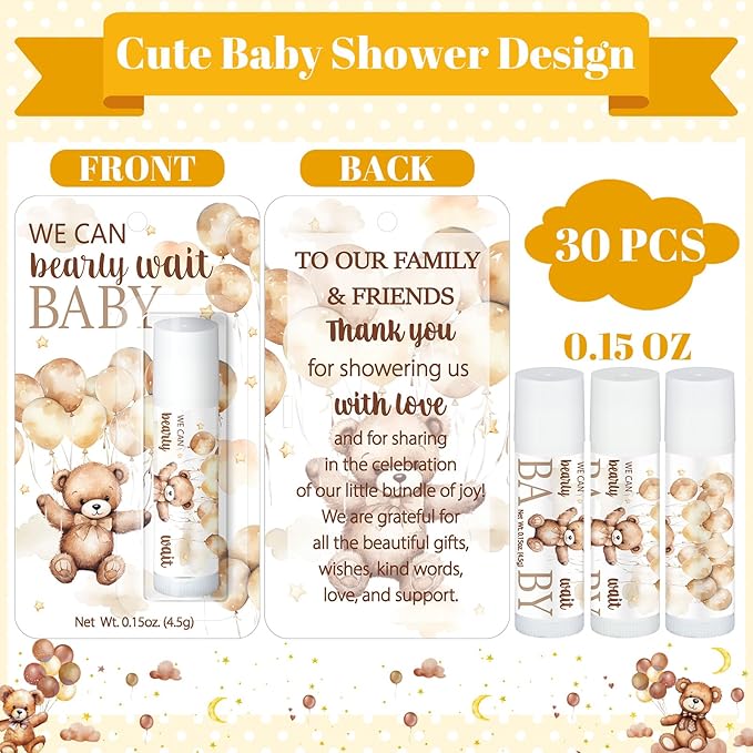 30 Pack Bear Baby Shower Party Gifts Favors Gifts Bulk Lip Balms for Guests Woman Man Entertainment Neutral Gender Reveal Favors Baby Shower Prizes Souvenirs Baby Gift Bags Stuffers-Velvo Beauty