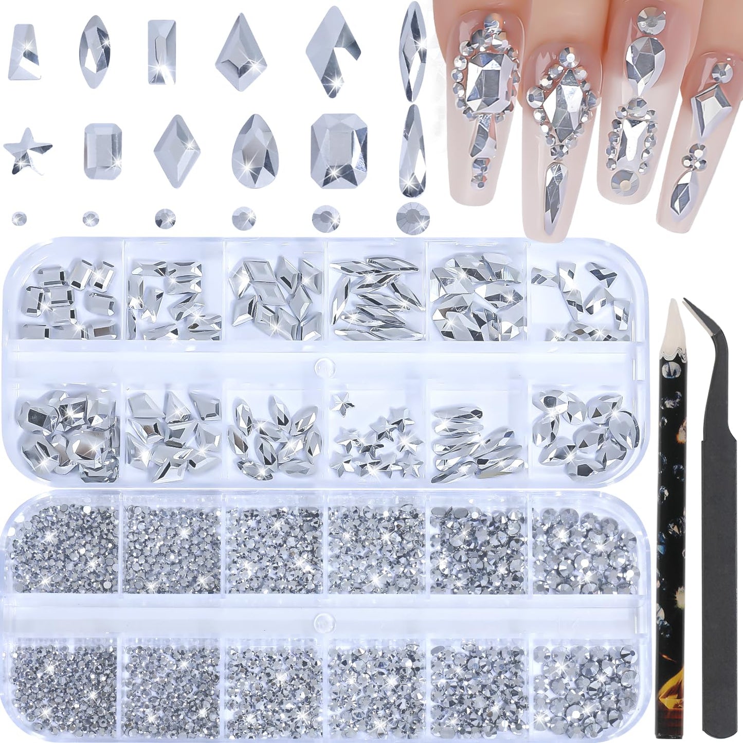 HNUIX Nail Rhinestones - 3D Multi Shape Size, Silver Nail Gems and Charms, Flat Back Crystal, with Kit, for Nail Art, DIY Decorations-Velvo Beauty