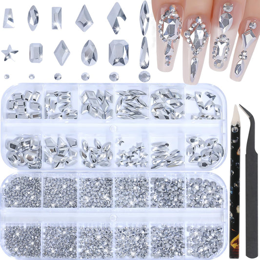 HNUIX Nail Rhinestones - 3D Multi Shape Size, Silver Nail Gems and Charms, Flat Back Crystal, with Kit, for Nail Art, DIY Decorations-Velvo Beauty