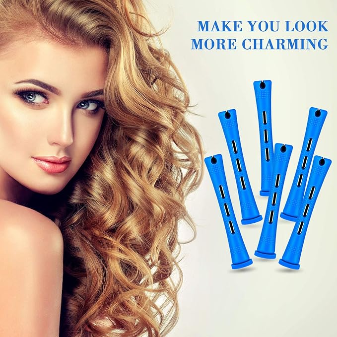 48 Pieces Hair Perm Rods Short Cold Wave Rods Plastic Perming Irons Hair Curling Rollers Curlers with Steel Pintail Comb Rat Tail Comb for Hairdressing Styling Supplies(0.35 Inch,Blue and Dark Blue)-Velvo Beauty