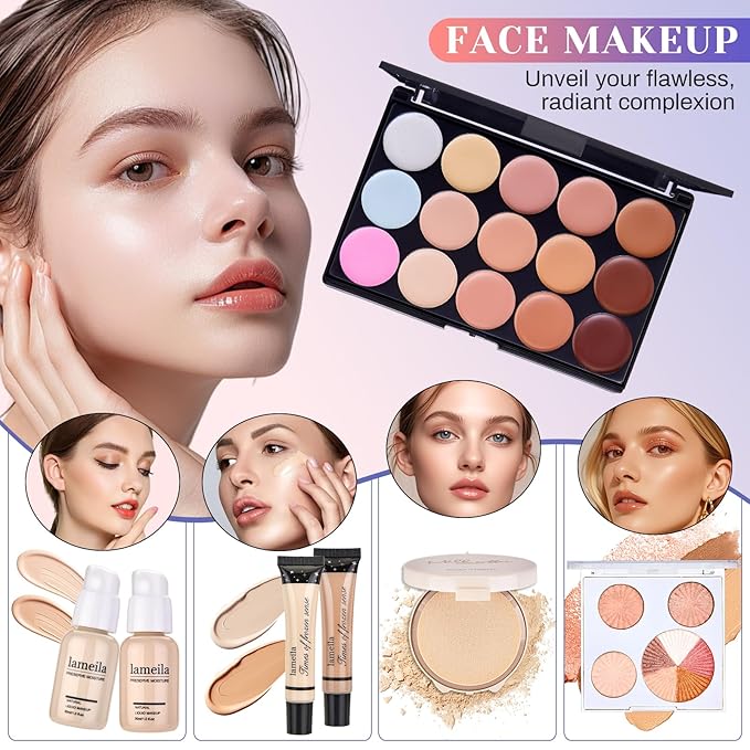 All in One Makeup Kit, Make Up Gift Set for Women, Makeup Kit for Women Full Kit, Includes Foundation Face Primer Eyeshadow Concealer Liquid Blush Lipgloss Eyeliner Mascara Cosmetic Brushes Set-Velvo Beauty