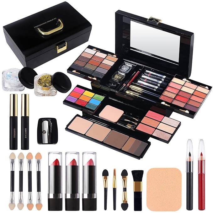 Professional Makeup Kit for Women Girl Full Kit with Mirror 60 Colors All in One Make up Gift Set Included Eyeshadow,Blusher,Highlighter,Compact Powder,Brow Powder,Lipstick,Glitter,Eyeliner,Mascara 01-Velvo Beauty