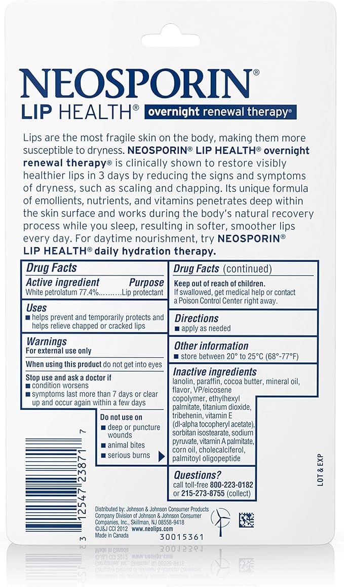 Neosporin Lip Health Overnight Healthy Lips Renewal Therapy Petrolatum Lip Protectant, 0.27oz. (Pack of 2)-Velvo Beauty