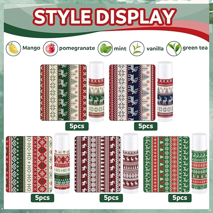Dunzy 50 Pcs Lip Balm in Bulk Christmas Gift Set Moisturizing Lip Ugly Sweater Baby Shower Party Favor Supplies with Assorted Fruit Flavors for Women Men Dry Chapped Lips Holiday Gift Prize-Velvo Beauty