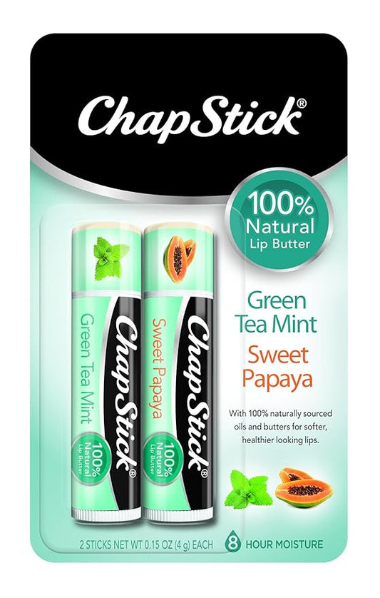 ChapStick 100% Natural Lip Butter Green Tea Mint and Sweet Papaya Lip Balm Tubes Variety Pack - 0.15 Oz Each (Pack of 2)-Velvo Beauty