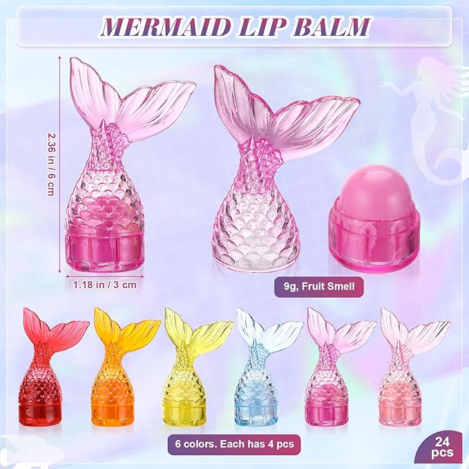24 Pcs Mermaid Girl Birthday Party Supplies Lip Balm Graduation Gifts Bulk Kids Classroom Gift Exchange Party Supplies Birthday Mermaids Themed Party Decor Gifts for Preschool Toddler Boy Girl-Velvo Beauty
