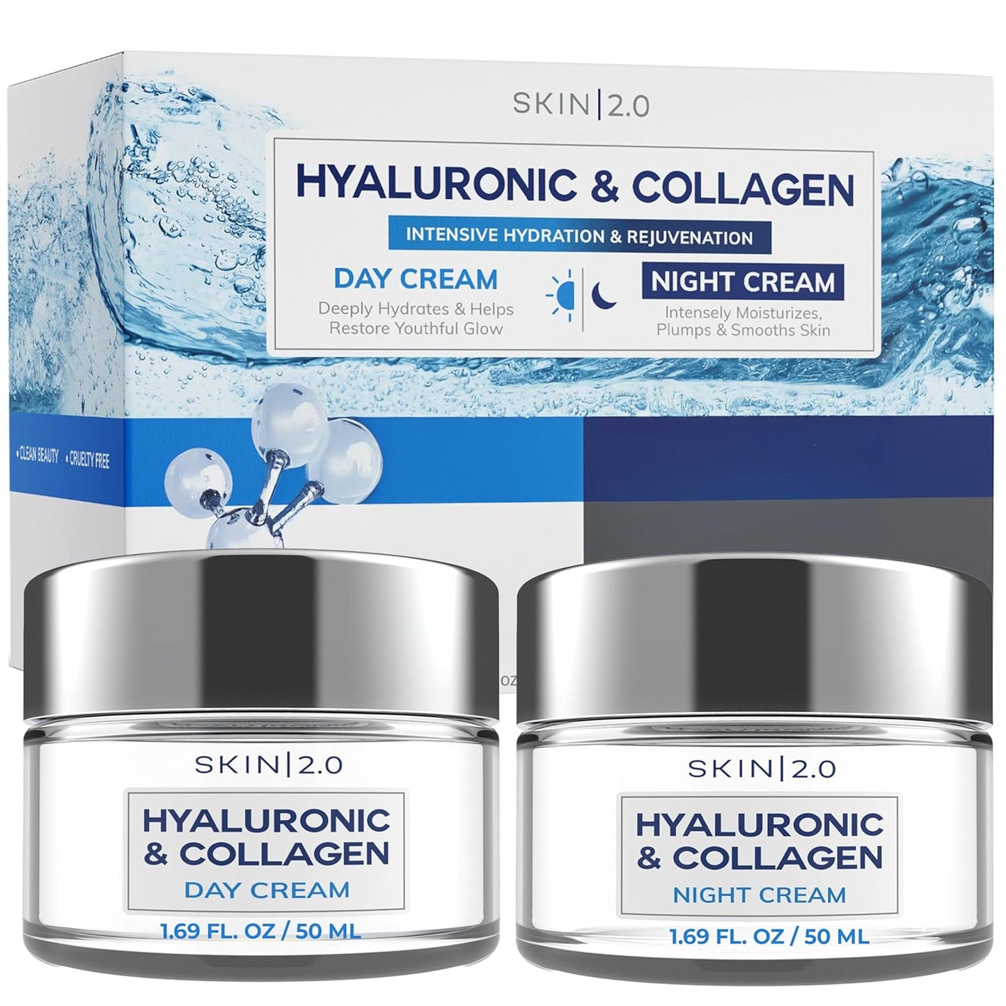 Hyaluronic Acid & Collagen Day & Night Face Moisturizer - Dermatologist Tested, Hydrating, Anti-Aging, Clean Beauty, Cruelty-Free, Korean Skincare for All Skin Types - 1.69 Fl oz (2-Pack)-Velvo Beauty