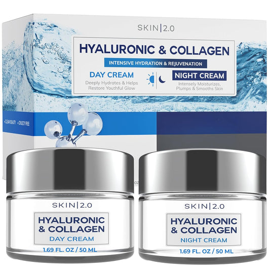 Hyaluronic Acid & Collagen Day & Night Face Moisturizer - Dermatologist Tested, Hydrating, Anti-Aging, Clean Beauty, Cruelty-Free, Korean Skincare for All Skin Types - 1.69 Fl oz (2-Pack)-Velvo Beauty