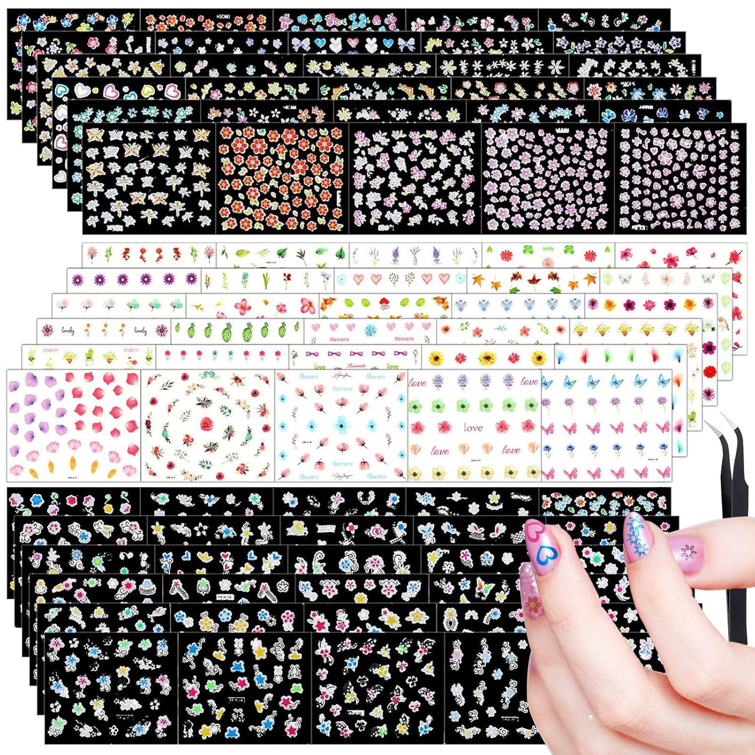 Blulu 5000 Pcs Flower Nail Stickers 100 Sheets 3D Self Adhesive Nail Stickers Multi Design Decals Multicolor Flower Manicure Decals with Tweezer(Retro Floral Series)-Velvo Beauty