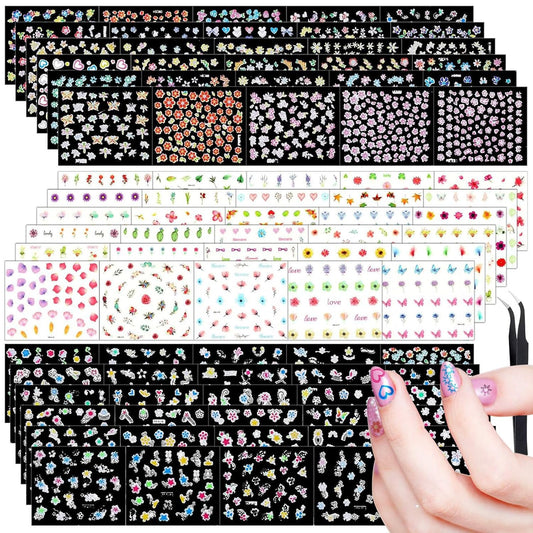 Blulu 5000 Pcs Flower Nail Stickers 100 Sheets 3D Self Adhesive Nail Stickers Multi Design Decals Multicolor Flower Manicure Decals with Tweezer(Retro Floral Series)-Velvo Beauty