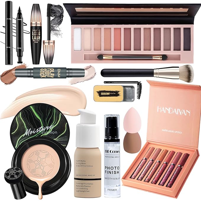 Face Primer, Makeup Brush and Sponges, Eyebrow Soap and Pencil, Mascara, Winged Eyeliner Stamp, cosmetic bag，Eyebrow Soap and Pencil, Mascara, Winged Eyeliner Stamp-Velvo Beauty