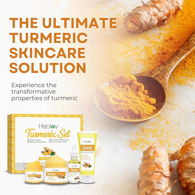 Turmeric Skincare Set - Turmeric Skin Care Products Brightening & Acne - Turmeric Skin Care Kit, Turmeric Skin Care Set - Turmeric Cleanser, Body Scrub, Face Cream & Facial Serum-Velvo Beauty