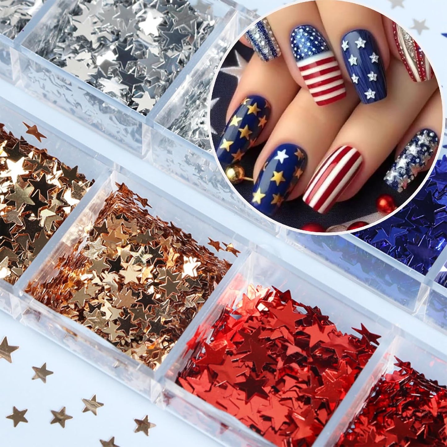 12 Grids Independence Day Nail Sequins，3D Holographic Nails Glitter Laser Star Nail Shining Flakes for Fourth of July Five-Pointed Star Mixed Sequins for America Patriotic Face Makeup Nail Decoration-Velvo Beauty