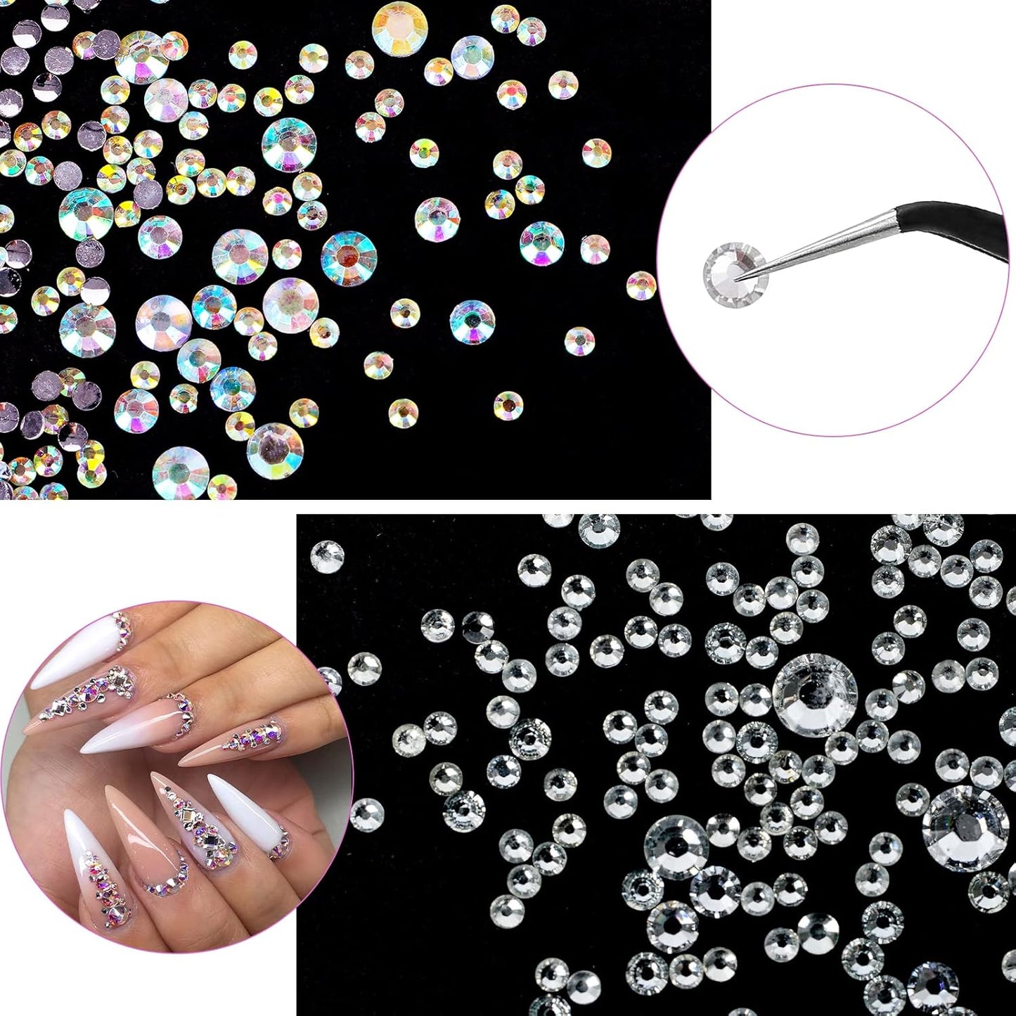 Canvalite 2784PCS Rhinestones Crystal AB Rhinestones for Nail with 5Pcs 3ml B7000 Jewelry Glue and Pick Up Tweezers and Nail Rhinestone Picker, Nail Art Tools,Stocking Stuffers Gifts for Women-Velvo Beauty