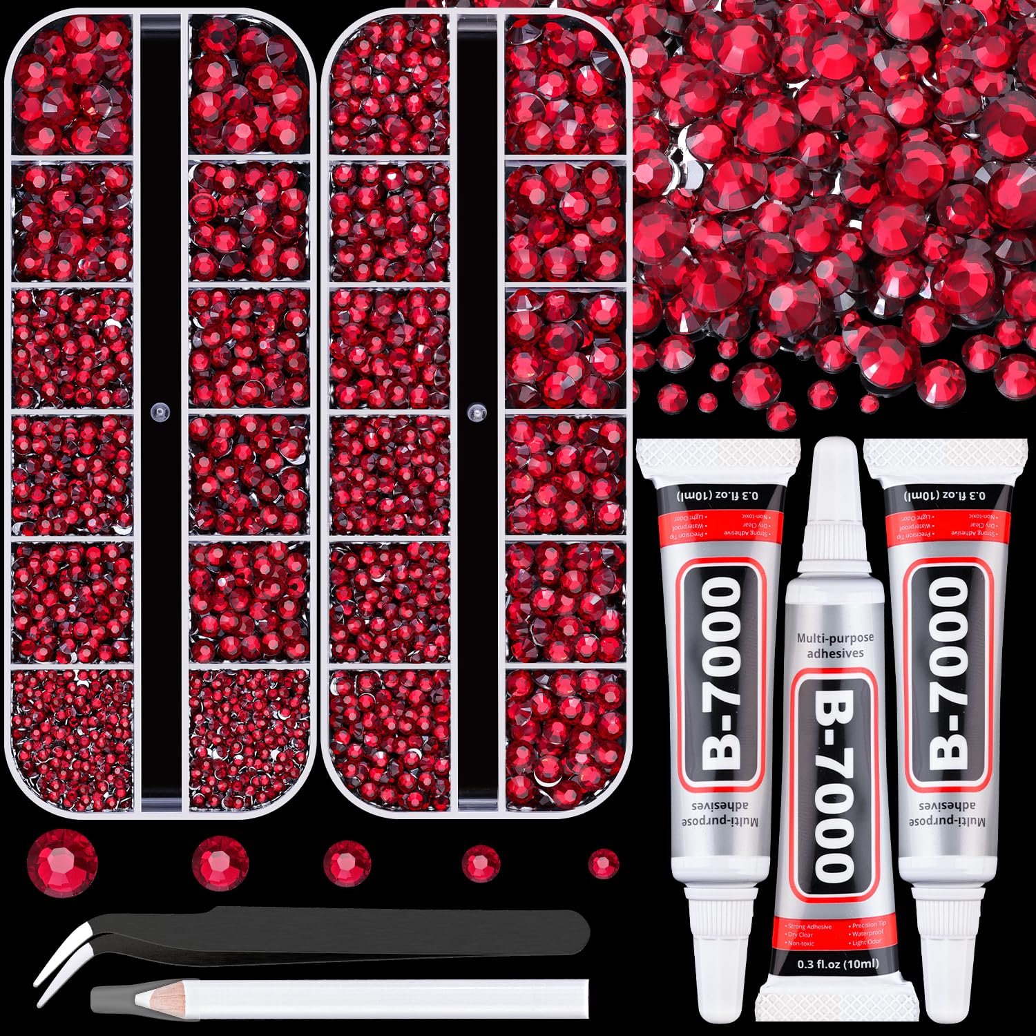 Resin Rhinestones for Crafting with B7000 Jewelry Glue, 2 Boxes Dark Red Flatback Crystals with 3Pcs 10ml Glue for Bedazzling Crafts DIY Nail Art Makeup, Gems for Clothing Shoes-Velvo Beauty