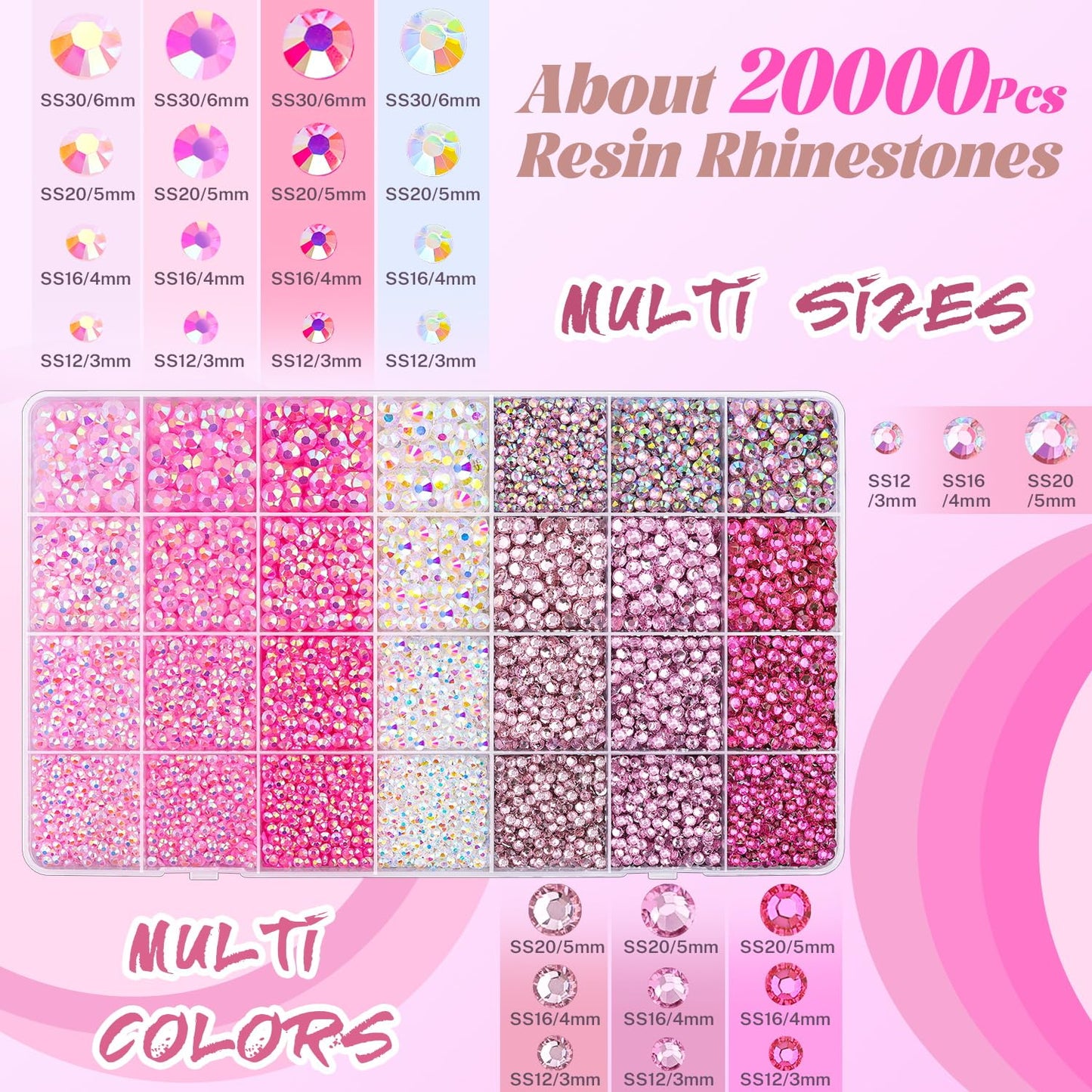 20000Pcs Pink Rhinestones for Bedazzling with 1Pcs B7000 Jewelry Glue, Resin Rhinestones for Crafting Crafts DIY, Bedazzler Kit Gems for Clothing Shoes Tumblers Nail Art Assorted Size 3/4/5/6mm-Velvo Beauty