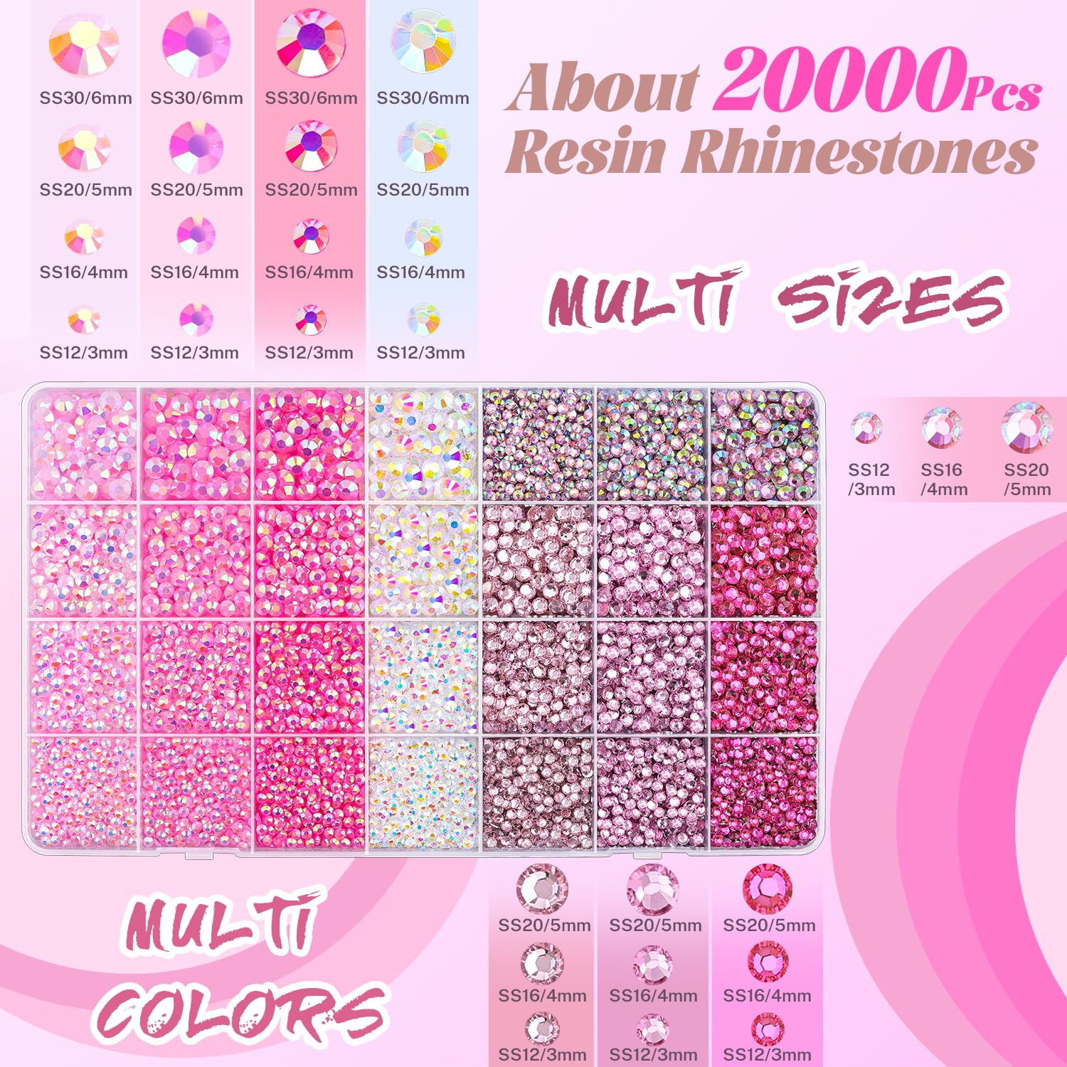 20000Pcs Pink Rhinestones for Bedazzling with 1Pcs B7000 Jewelry Glue, Resin Rhinestones for Crafting Crafts DIY, Bedazzler Kit Gems for Clothing Shoes Tumblers Nail Art Assorted Size 3/4/5/6mm-Velvo Beauty