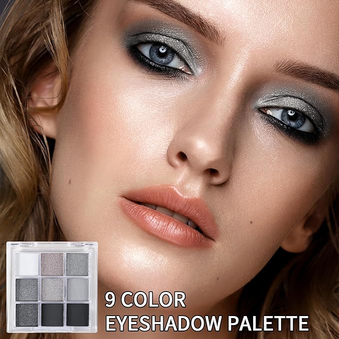 Erinde Black Smokey Gray Silver Eyeshadow Palette, 9 Colors Matte Shimmer Glitter Eye Shadow Makeup Pallet, Highly Pigmented Long Lasting Waterproof, Natural Neutral Shiny Eyeshadow Make Up Palette-Velvo Beauty