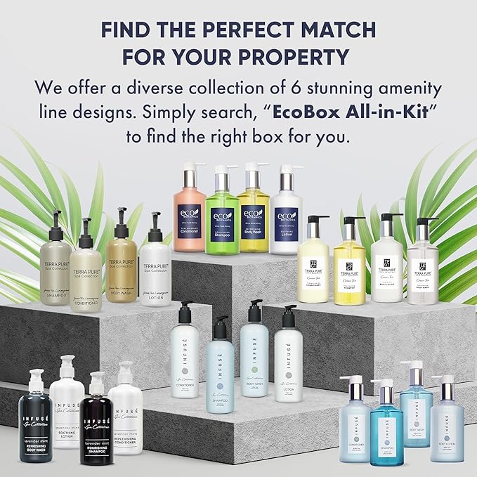 1-Shoppe Infuse 40 Piece Ecobox All-In-Kit | White Tea and Coconut Soap | 12 Shampoo, 8 Conditioner, 12 Body Wash & 8 Lotion | 10oz Hotel Soaps and Toiletries Bulk | Personal Care Products-Velvo Beauty