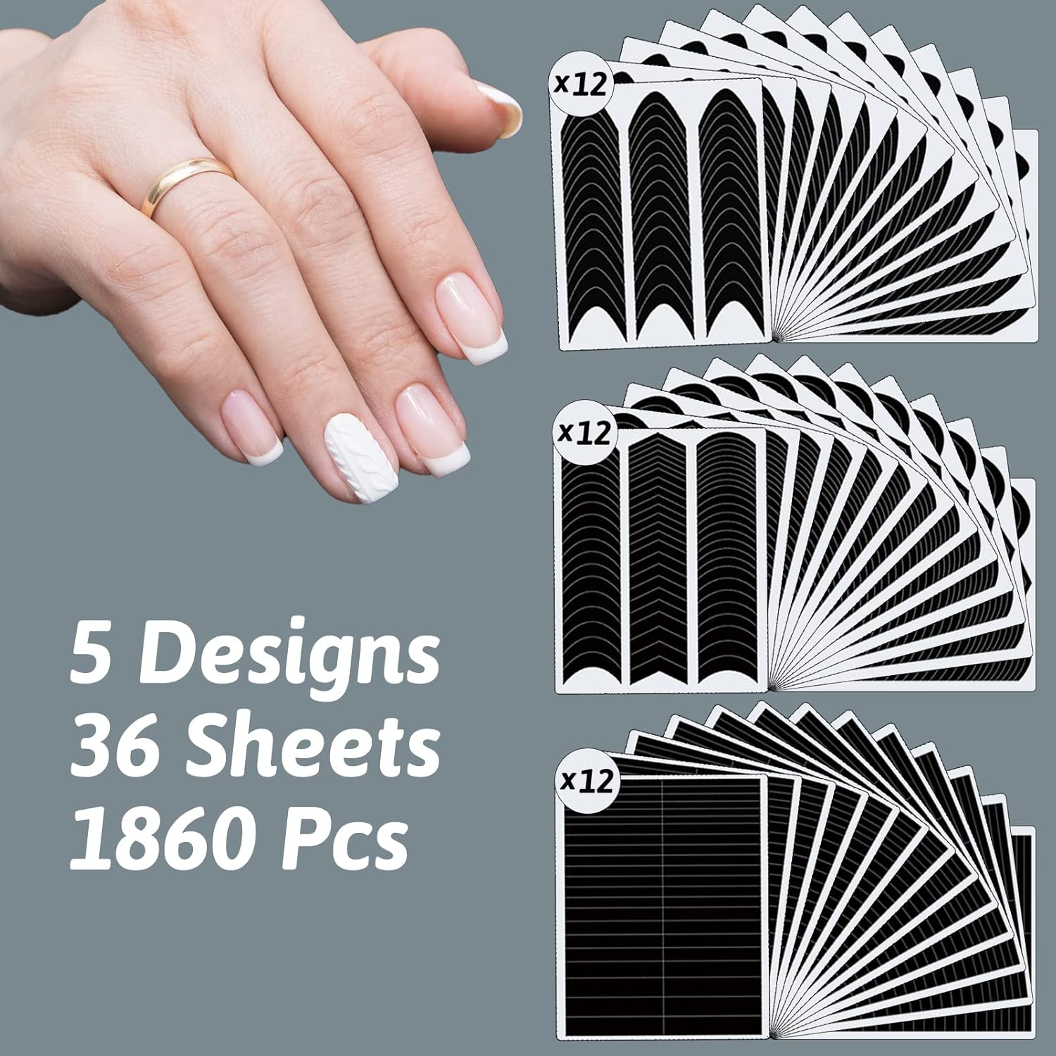 1860 Pcs French Tip Nail Guides, Self-Adhesive French V-Shaped Moon Shaped Manicure Strip Stickers for Edge Auxiliary Black DIY Decoration Stencil Tools(5 Designs, 36 Sheets)-Velvo Beauty