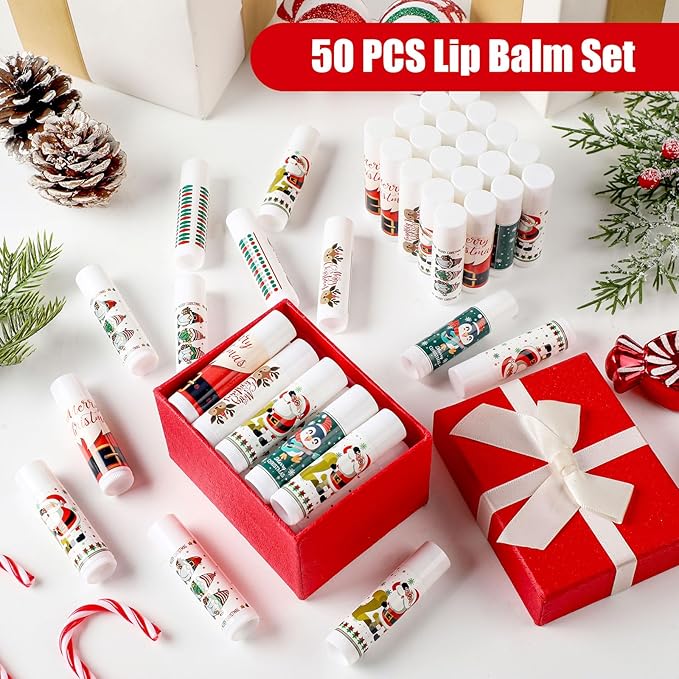 50 Pcs Pink Princess Lip Balm Bulk Pink Girl Lip Care Products Pink Girl Birthday Party Supplies Princess Party Gifts for Kids Women Bachelorette Party Bridal Baby Shower(Classic Christmas Styles)-Velvo Beauty