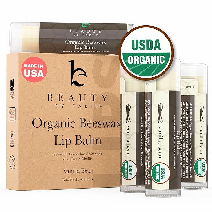 Organic Lip Balm - 4 Pack Beeswax Vanilla Chapstick, All Natural Lip Balm Gifts for Women, Organic Chapstick, Birthday Gifts for Her & Him, Hydrating Vanilla Lip Balm Beauty Gifts, Natural Chapstick-Velvo Beauty