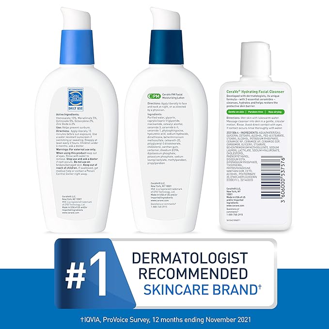 CeraVe AM Face Moisturizer with SPF, PM Face Moisturizer & Hydrating Face Wash Skin Care Routine for Morning & Night | Travel Size Toiletries | 3oz Lotion + 3oz Lotion + 3oz Cleanser-Velvo Beauty