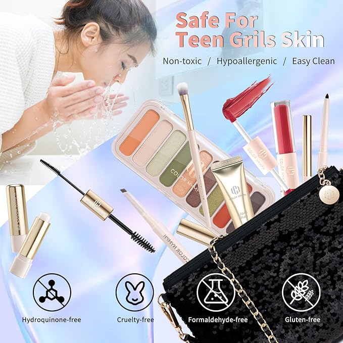 Color Nymph Teen Girls Makeup Kits, All In One Makeup kit For Girls Makeup For Teen Girls with Sequin Bag Packed Individually 9 Colors Eyeshadow Liquid Blush Lip gloss Mascara -Orange Green-Velvo Beauty