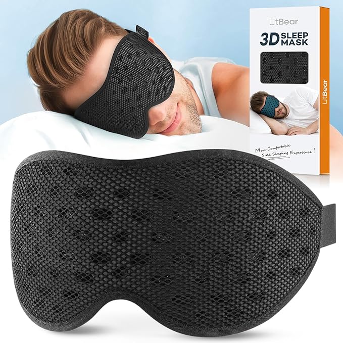 LitBear Breathable Sleep Mask, 3D Eye Mak Sleep for Side Sleepers Women Men, Light Blocking Sleeping Mask with Adjustable Strap, Soft Lightweight Eye Cover for Travel, Night Work, Nap, Office - Black-Velvo Beauty