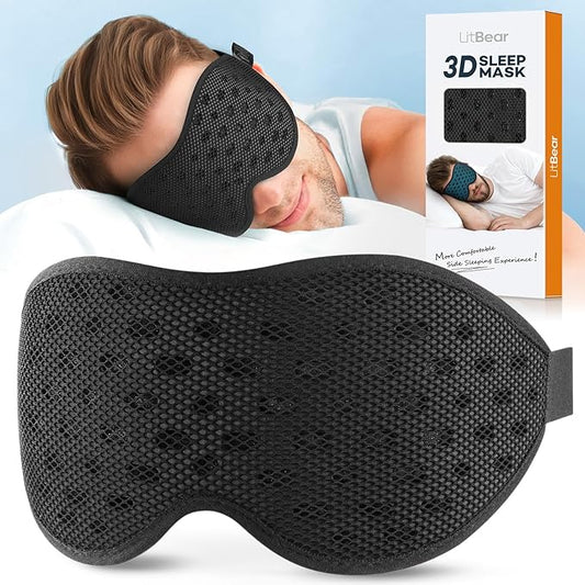 LitBear Breathable Sleep Mask, 3D Eye Mak Sleep for Side Sleepers Women Men, Light Blocking Sleeping Mask with Adjustable Strap, Soft Lightweight Eye Cover for Travel, Night Work, Nap, Office - Black-Velvo Beauty