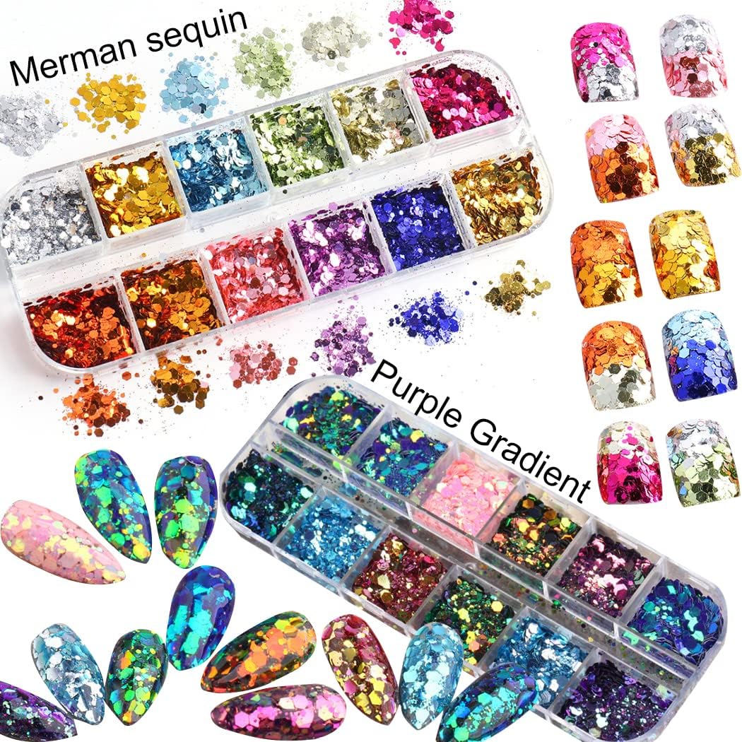 2 Boxes 24 Colors Chameleon Holographic Glitter Mermaid Nail Art Sequins 3D Flakes Laser Gradient Nail Glitter Design Shiny Glitters Powder Accessories for Women Manicure DIY Decorations-Velvo Beauty