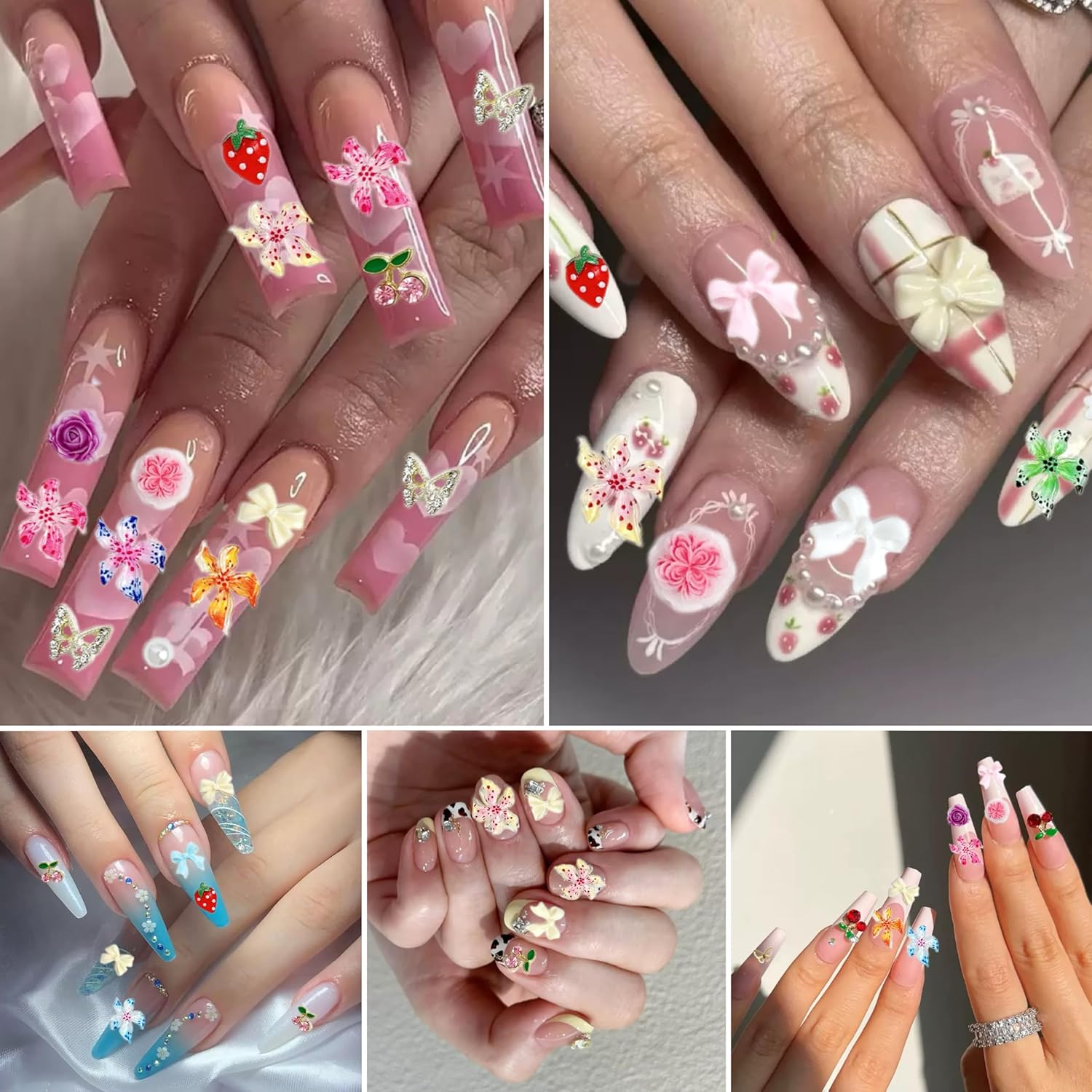 Flower Bow Nail Charms and Gems, 3D Resin Blossom Petals with Caviar Beads Charms for Nails Design，Flatback Pearl Charms Cherry Butterfly Rhinestone Nail Charms for Manicure DIY-Velvo Beauty