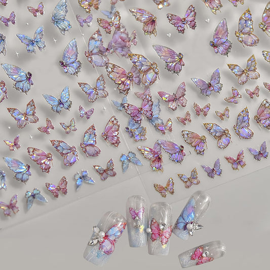 2 Sheets Butterfly Nail Art Stickers 5D Embossed Self-Adhesive Pink Aurora Sparkling Butterfly Nail Decals Designs for Women Girls DIY Nail Decoration-Velvo Beauty