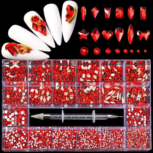 Nail Rhinestones Kit, Nail Art Decorations with Wax Pencil Flat AB Rhinestones Kit DIY Crafts Gemstones for Nail, Shoes, Clothes, Jewels (600 Red Diamonds + 2500 Flat Rhinestone)-Velvo Beauty