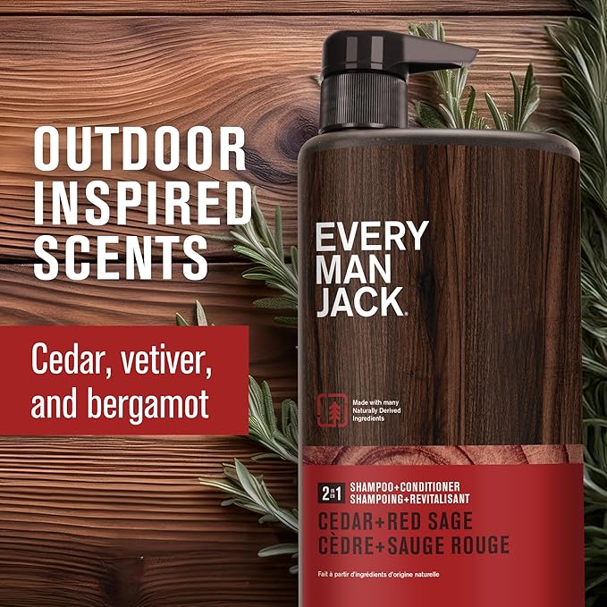 Every Man Jack 2-in-1 Daily Shampoo + Conditioner - Cedar and Red Sage | Nourishing For All Hair Types, Naturally Derived, Cruelty-Free Shampoo and Conditioner Set for Men | 24oz -1 Bottle-Velvo Beauty