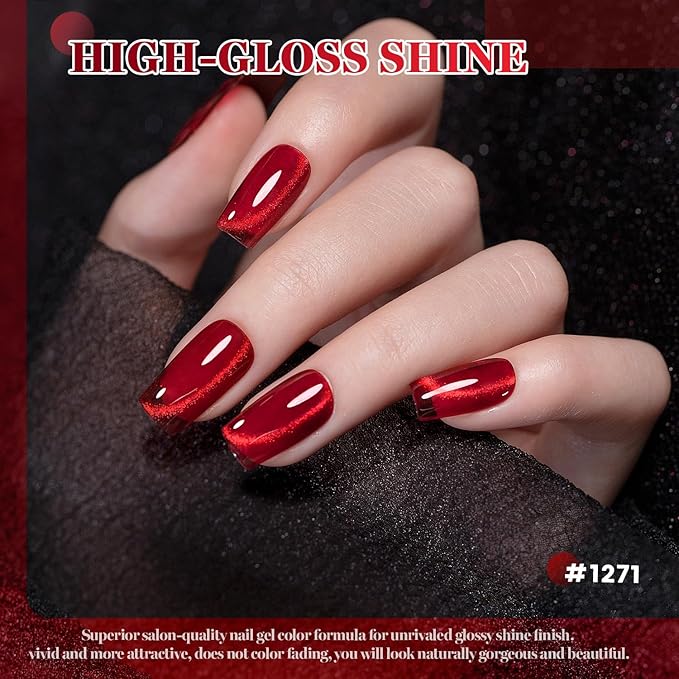 RARJSM Red Cat Eye Gel Nail Polish Set 6 Pcs Smoothie Ceramic Silver White Glitter Shimmer Burgundy Cherry Dark Wine Red Velvet Diamond Cateye Gel Polish with Magnetic Stick Soak off Curing Require-Velvo Beauty