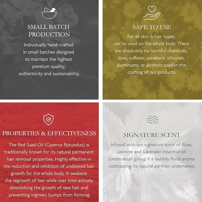 Silky Serum by Hadirose | Pure Red Saad Oil (Egyptian Cyperus Rotundus) Concentrated | Organic All Natural Hair Removal Serum | Scented (Rose, Jasmine & Lavender) | Made in the USA.-Velvo Beauty