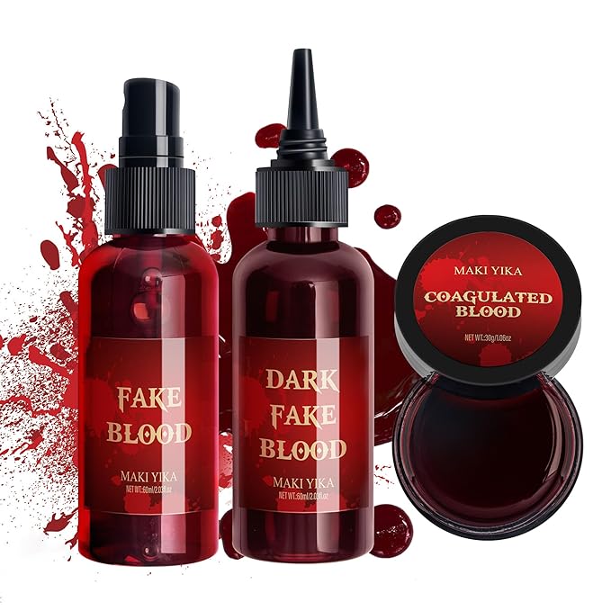 3Pcs Halloween Fake Blood Makeup Kit Realistic SFX Makeup Set - Blood Spray 2.03oz + Coagulated Blood 1.06oz + Dripping Blood 2.03oz, Edible Washable Special Effects Faux Blood for Zombie Vampire-Velvo Beauty