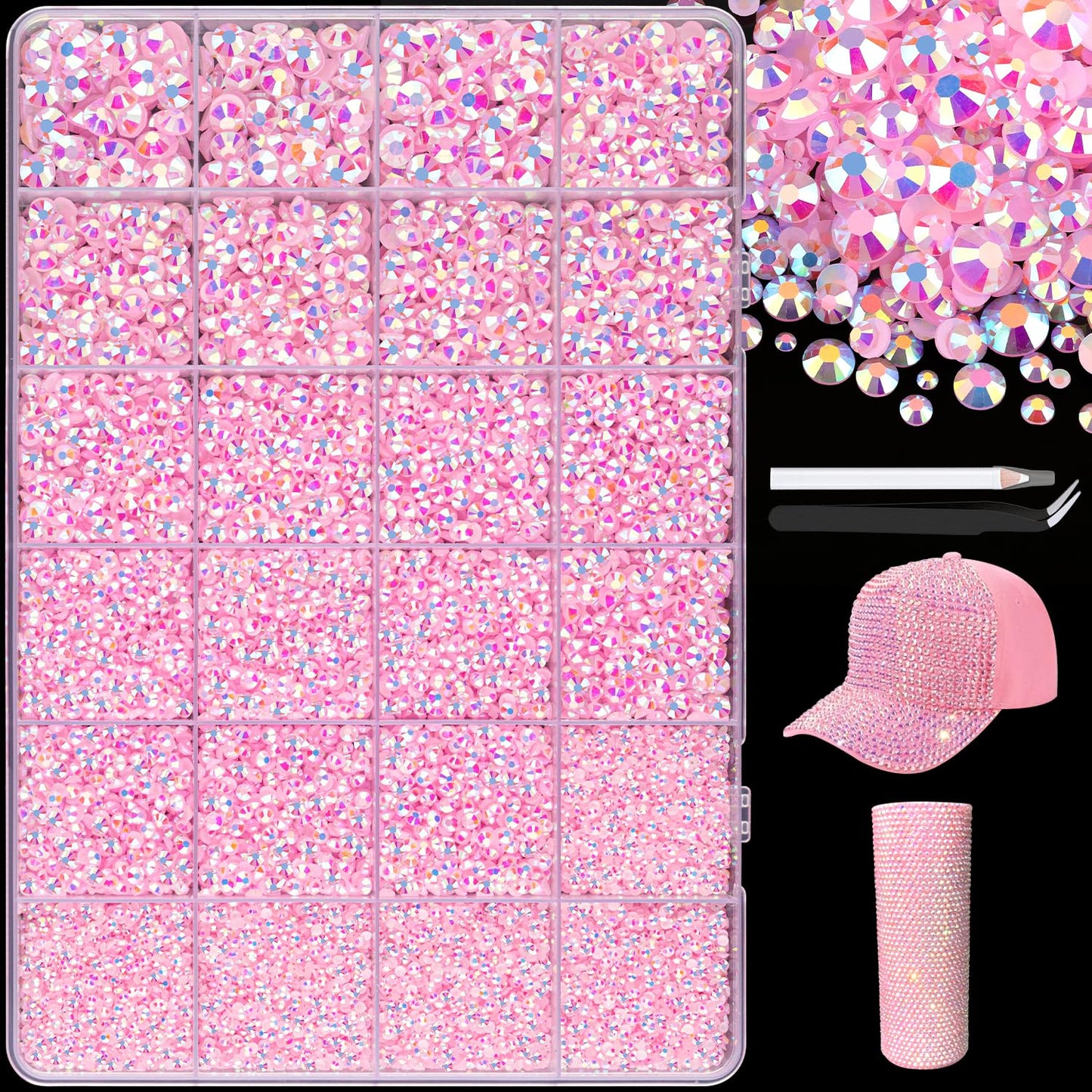25000Pcs Resin Rhinestones with Tweezers for Crafting, 2-6mm Mixed Sizes (Light Pink AB) Non Hotfix Flatback Gems, Bedazzling Crystal for DIY Crafts Clothing Tumblers Mugs Shoes Decor Nail Art-Velvo Beauty