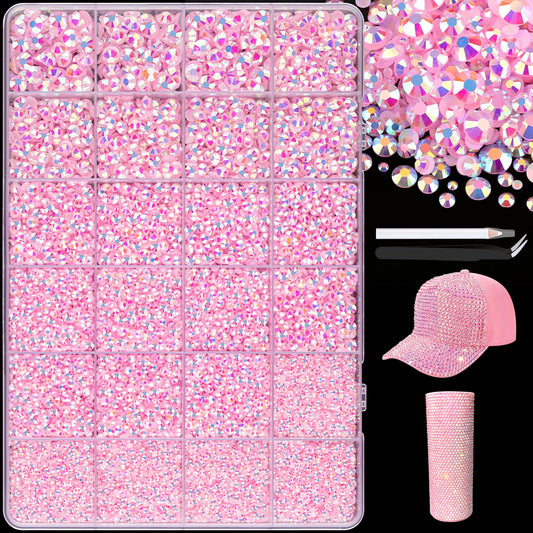 25000Pcs Resin Rhinestones with Tweezers for Crafting, 2-6mm Mixed Sizes (Light Pink AB) Non Hotfix Flatback Gems, Bedazzling Crystal for DIY Crafts Clothing Tumblers Mugs Shoes Decor Nail Art-Velvo Beauty