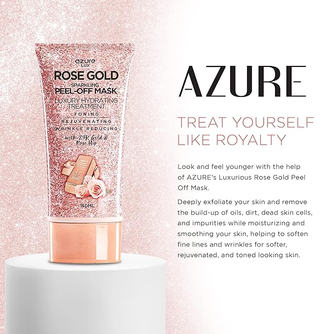 Azure Cosmetics Rose Gold Sparkling Peel-Off Face Mask – Luxury Hydrating & Firming Skincare with 24K Gold & Rose Hip Oil – Helps Reduce Fine Lines, Tone Skin & Improve Texture – 150 ml-Velvo Beauty