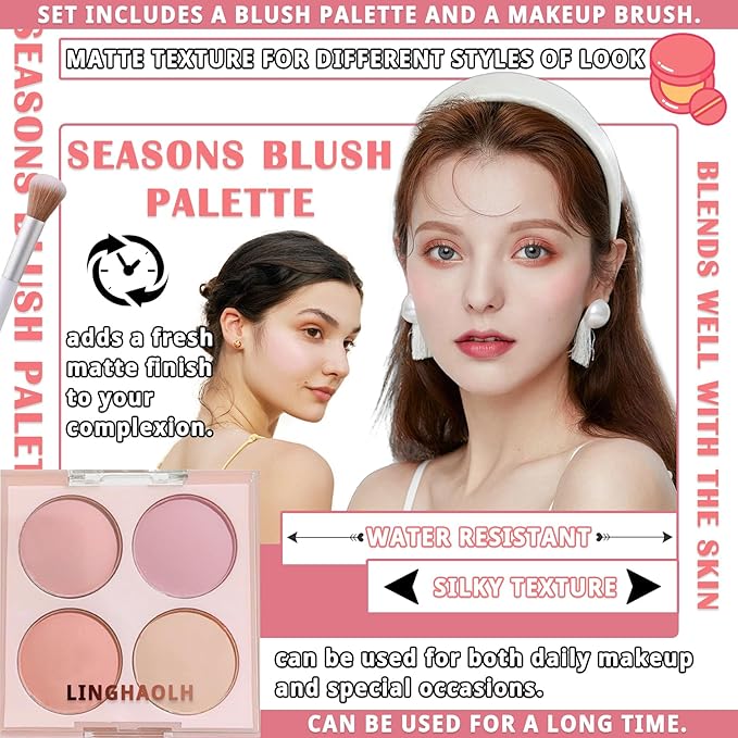 4 Colors Blush Palette for Cheeks,Face Matte Contour Blush Makeup Palette,Buildable Shimmer Facial Cheek Blusher Shades,Blendable Cosmetic Makeup Blush with Blush Brush 03-Velvo Beauty