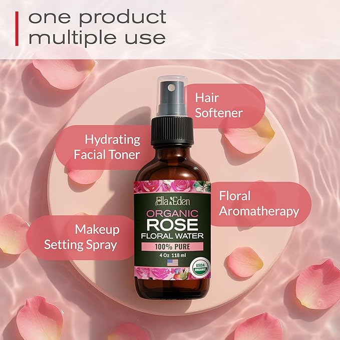Ella & Eden Organic Rose Water Spray for Face, Hair 4 Fl Oz | USDA Certified 100% Pure Steam Distilled Hexane-Free | Hydrating, Refreshing Facial Mist for All Skin Types-Velvo Beauty