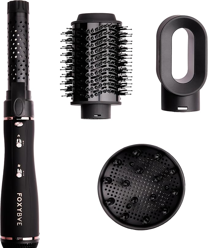 Foxybae Super Styler – 4-in-1 Blow Dryer Brush Set - Diffuser, Blowout Brush, 1.25” Curling Barrel & Drying Cylinder - Voluminous, Frizz-free Hair - Blow Dryer, Straightener & Curler [Black Rose-Gold]-Velvo Beauty