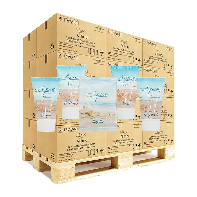 Aqua Organics Hotel Soaps and Toiletries Bulk Set | 1oz Hotel Shampoo & Conditioner, Body Wash, Body Lotion & 1oz Bar Soap Travel Size | Half Pallet 21 cases with 300 units each - 6,300 pieces-Velvo Beauty