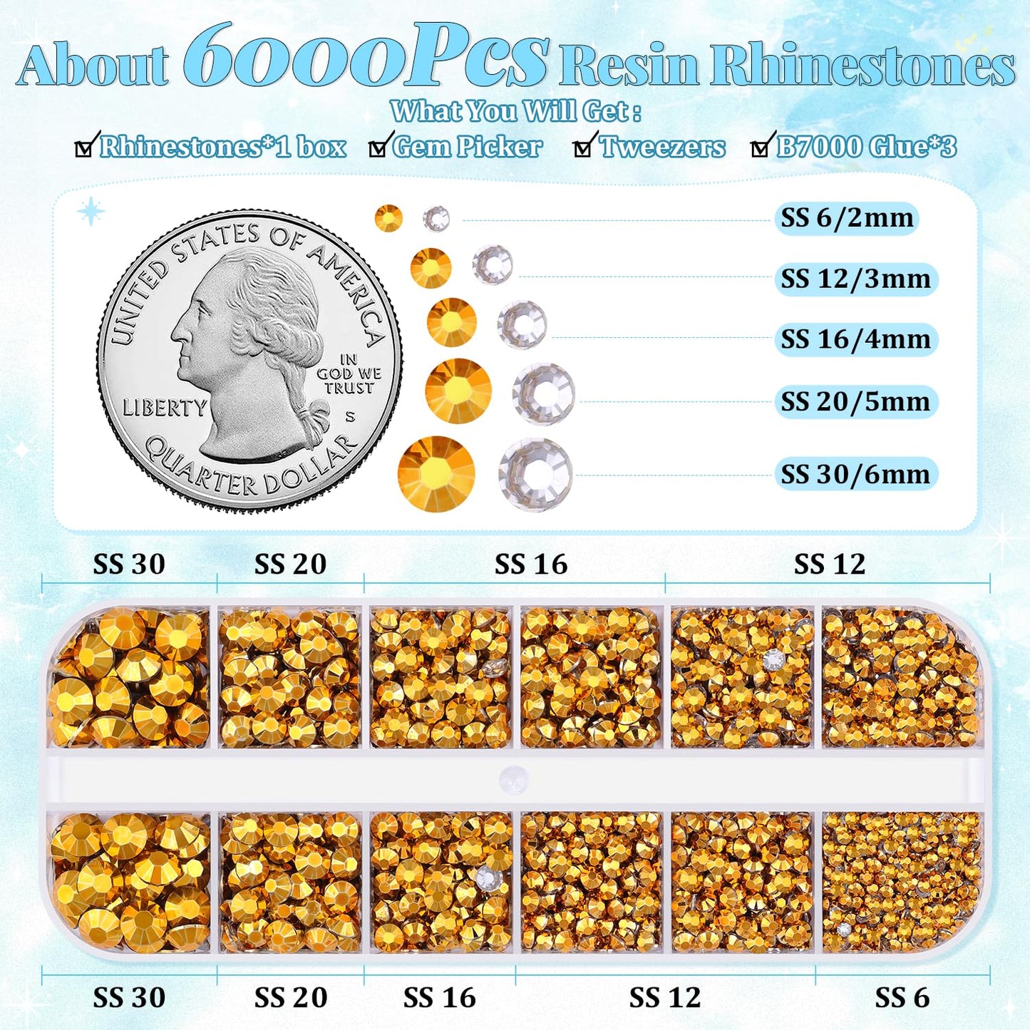 6000Pcs Resin Rhinestones for Bedazzling with 3Pcs B7000 Jewelry Glue, 1 Box Mine Gold Flatback Rhinestones for Crafting Crafts DIY, Crystals Gems for Clothing Shoes Tumblers Nail Art Makeup-Velvo Beauty